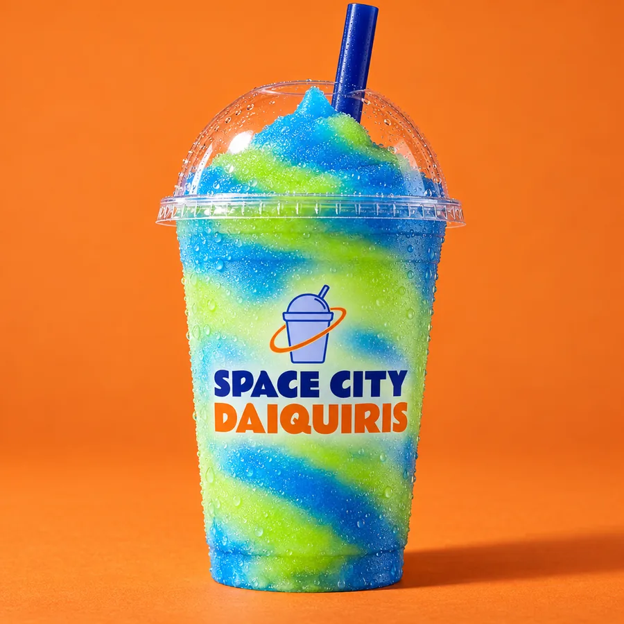 A blue and lime green swirled frozen daiquiri in a cup with the Space City Daiquiris logo. Illustrative image.