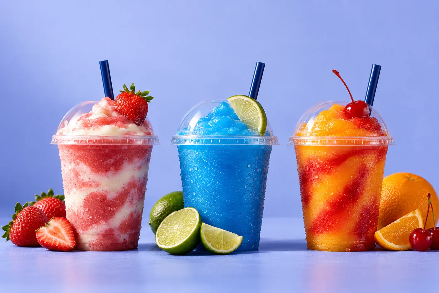 Three frozen daiquiris side by side: strawberry, blue raspberry and orange. Illustrative image.