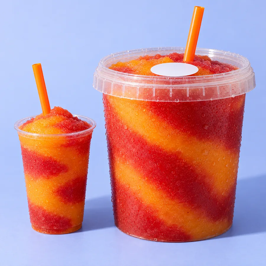 A half-gallon container of red and orange frozen daiquiri next to a regular cup. Illustrative image.
