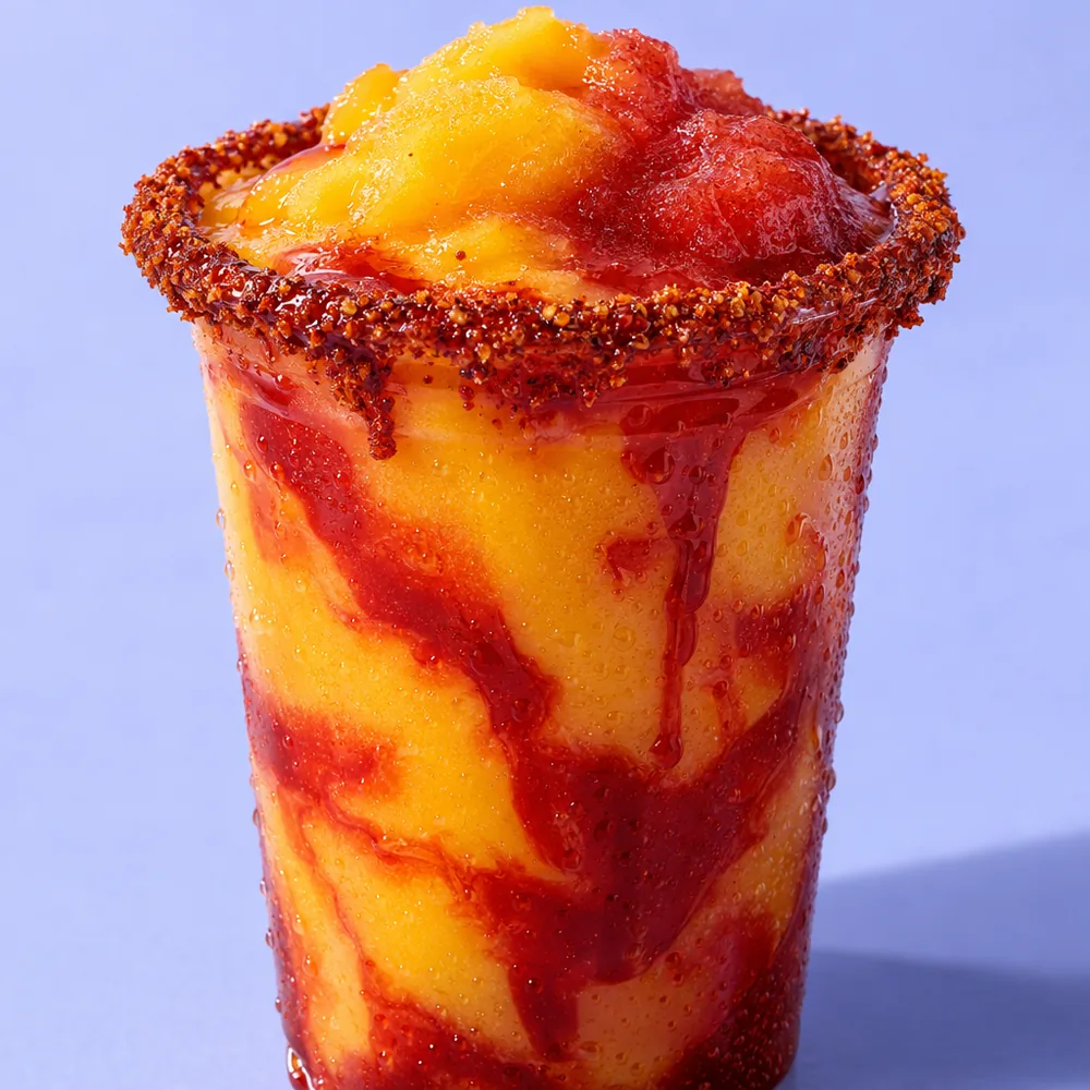 A frozen mango and strawberry daiquiri with a Tajín and chamoy rim and chamoy drizzle. Illustrative image.